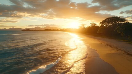 Wall Mural - beach scene with a boat on the shore during a vibrant sunset with soft hues of orange and pink color