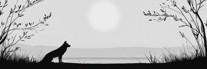 Aufkleber - Minimalist wolf silhouette beside a full moon on a tranquil night by a lake. Generative AI