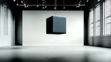 Wall Mural - A suspended cube with textured surface in a modern, minimalistic gallery space