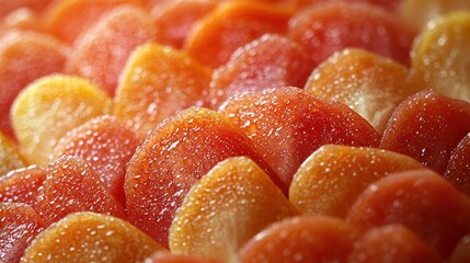 Wall Mural - Close-up of vibrant, glistening fruit slices arranged in a colorful pattern.