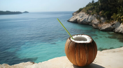 Wall Mural - a fresh coconut with a straw, symbolizing natural hydration and tropical refreshment