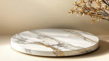 Poster - A white marble round table with gold accents