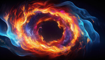 Wall Mural - an abstract artwork depicting a fiery circular composition with vibrant colors and dynamic flames