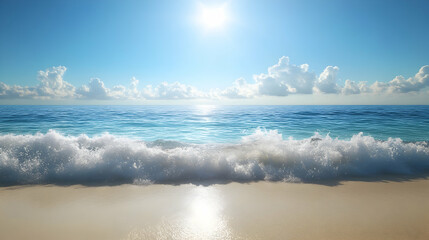 Wall Mural - a gentle ocean wave rolling towards a sandy shore under a bright blue sky