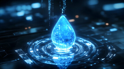 Wall Mural - a glowing blue water droplet suspended in a futuristic digital interface