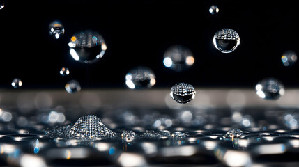 Wall Mural - a high-detail close-up of water droplets bouncing on a superhydrophobic surface