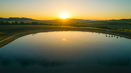Wall Mural - a large reservoir reflecting the golden hues of sunrise, symbolizing conservation efforts