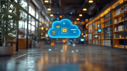 Leinwandbilder - Cloud Computing Technology Visualization: Data Storage, Cybersecurity, and Modern Digital Infrastructure in a Dynamic Office Space.