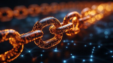 Poster - Digital Blockchain Interconnection: A Close-Up of a Glowing Metallic Chain Representing Secure and Decentralized Network Technology.