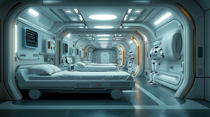 Poster - Future Healthcare: A sterile, futuristic hospital ward with beds, medical equipment, and humanoid robots, hinting at advanced medical technology and patient care.