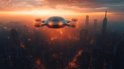 Poster - Futuristic Flying Vehicle Over a Dystopian Cityscape at Sunset: A Glimpse into a Technological Urban Future