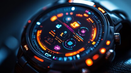Leinwandbilder - Futuristic Smartwatch Display: Glowing Icons and Advanced Technology Interface for Time Tracking, Notifications, and Personal Data Visualization
