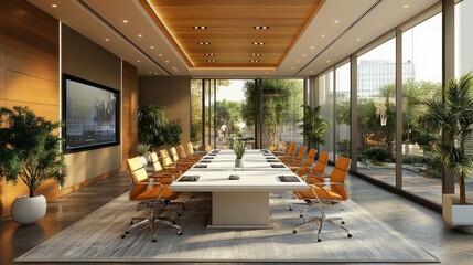 Aufkleber - Modern Conference Room with Natural Light: A spacious and bright meeting space featuring a long white table, orange chairs, wooden accents, and large windows overlooking lush greenery.
