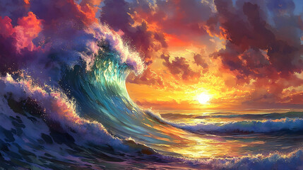 Poster - a powerful ocean wave frozen mid-motion under a vibrant sunset