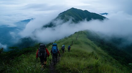 Hikers ascend a mountain ridge shrouded in mist, navigating a grassy trail.