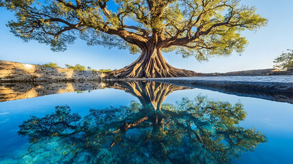 Wall Mural - a still pond reflecting an ancient tree with sprawling roots in clear blue water