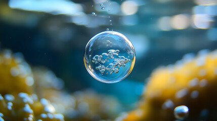 Wall Mural - a tiny bubble rising through a clear underwater scene, representing oxygenation and purity