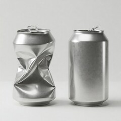 two aluminum cans one crushed and one uncrushed on a white background