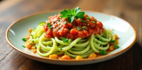 Wall Mural - Zucchini Noodles with a Vibrant Tomato Sauce and Chickpeas, a Delicious and Healthy Pasta Dish Perfect for a Light Lunch or Dinner