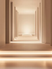 Poster - Monochromatic runway with clean lines and soft lighting showcases minimalist design in an elegant space. Generative AI