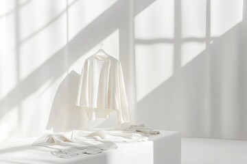 Fototapete - Minimalist clothing display with soft shadows on a white neutral background showcasing elegant design and simplicity. Generative AI