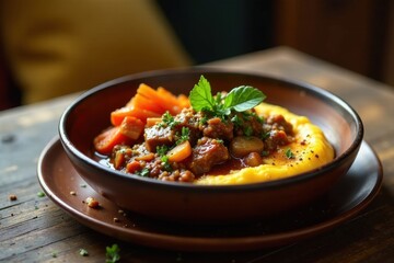 Wall Mural - Savory Stew with Creamy Polenta and Roasted Root Vegetables in a Rustic Bowl