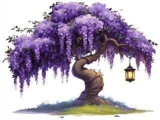 Wall Mural - A purple tree with hanging flowers and a lit lantern, on green grass, for greeting cards