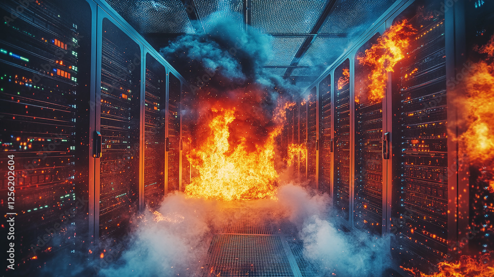 Server Explosion Data center engulfed in flames, symbolizing data loss and system ...