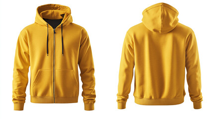 Wall Mural - Pullover zip-up yellow hoodie mockup back, front and side view isolated on white background for brand presentation.