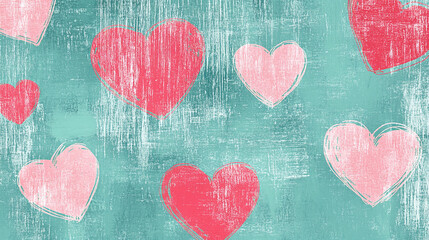 Wall Mural - Valentines day mint green background with hand drawn pink hearts pattern.