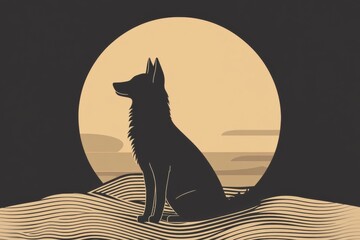 Poster - Minimalist wolf silhouette against a full moon with space for text, perfect for nature themed designs and artwork. Generative AI
