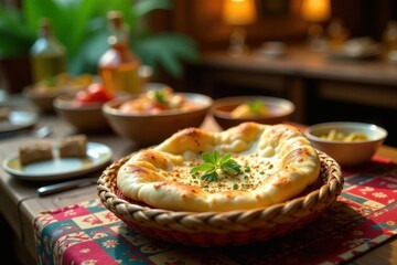 Wall Mural - Aromatic baked bread in a woven basket, surrounded by a charming table setting with various dishes