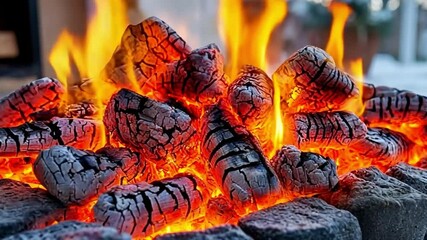 Aufkleber - Ember's Glow: A close-up view of burning charcoal embers, casting a warm, inviting glow and crackling with the energy of a hot fire. The intense orange and red flames dance among the black coals.