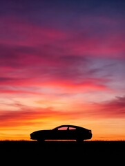 Poster - Sleek car silhouette against a vibrant sunset sky with spacious background for text overlay. Generative AI