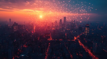 Aufkleber - Aerial Cityscape at Sunset with Digital Network Overlay: High-Tech Urban Connectivity and Global Communications in a Modern Metropolis