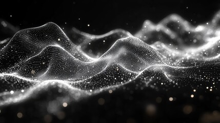 Leinwandbilder - Abstract White Particle Waveforms Flowing on a Dark Background, Evoking a Sense of Digital Motion and Technological Sophistication with a Soft Luminous Glow.