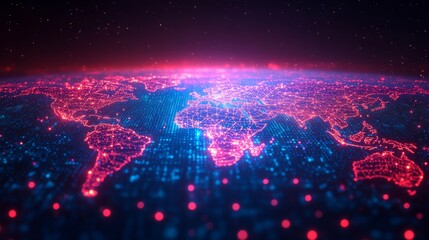 Fototapete - Digital World: A Futuristic Rendering of Earth's Continents Illuminated with Pink and Blue, Representing Global Network Connectivity and Data Flow in the Digital Age.