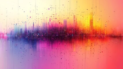 Poster - Digital Metropolis: A Vibrant Abstract Cityscape of Interconnected Data Flowing in a Colorful Spectrum from Blue to Red, Representing a Modern Tech-Driven Society