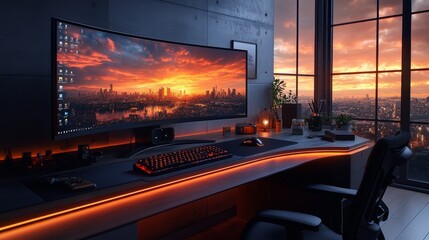 Poster - Elegant Home Office Setup at Sunset with Ultra-Wide Monitor Displaying Cityscape and Warm Ambient Lighting Accentuating Modern Design