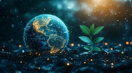 Leinwandbilder - Earth Connection: A Seedling Sprouts in a Digital World, symbolizing Growth, Sustainability, and the Interconnectedness of Nature and Technology for a Brighter Future.