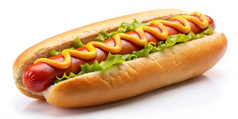 Poster - Hot Dog with Mustard and Ketchup on White Background