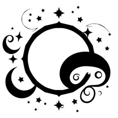 black-and-white digital drawing of a stylized celestial scene with stars, moons, and a central ring-