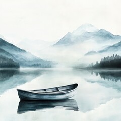 Poster - Serene watercolor illustration of a rowboat floating on a calm mountain lake with a peaceful atmosphere and blank sky for text. Generative AI