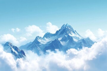 Fototapete - Majestic mountain range surrounded by soft clouds under a bright blue sky. Generative AI