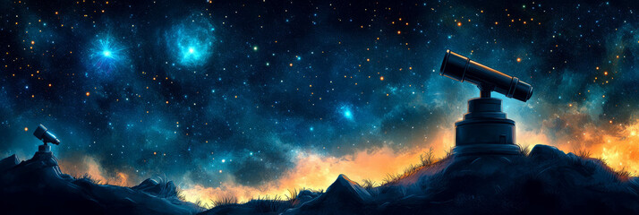 Wall Mural - Magical observatory with telescopes under a starry night sky in a mystical setting