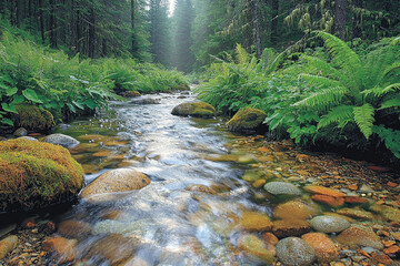 Wall Mural - Sunlit forest stream flows through lush ferns and rocks