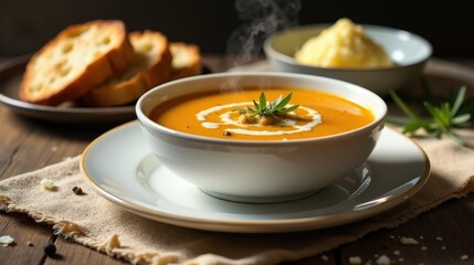 Wall Mural - Warm autumnal creamy soup garnished with fresh herbs served with toasted bread and mashed potatoes on a rustic wooden table