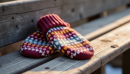 Thick woolen bright winter mittens on wooden bench in park. Frost and cold weather, frostbitten risk. Proper clothes for winter outdoor activities and walks