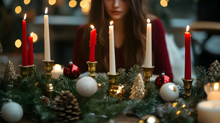 Festive candlelit arrangement with a woman in a cozy setting during the holiday season