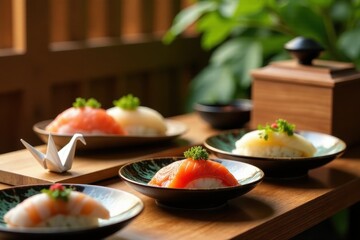 Wall Mural - A delectable arrangement of sushi, featuring vibrant salmon and creamy white fish, artfully presented on elegant plates, set against a backdrop of soft natural light and tranquil greenery.